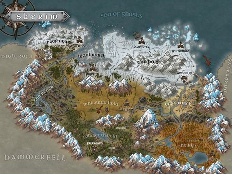 Well, I was gonna have to do this one eventually... May I present part 7 of the province map series: The Iconic land of Skyrim! : ElderScrolls Elder Scrolls Map, Skyrim Map, Dnd Druid, Elder Scrolls Games, Elder Scrolls Art, Dnd World Map, Elder Scrolls Skyrim, Fantasy World Map, Amazing Maps