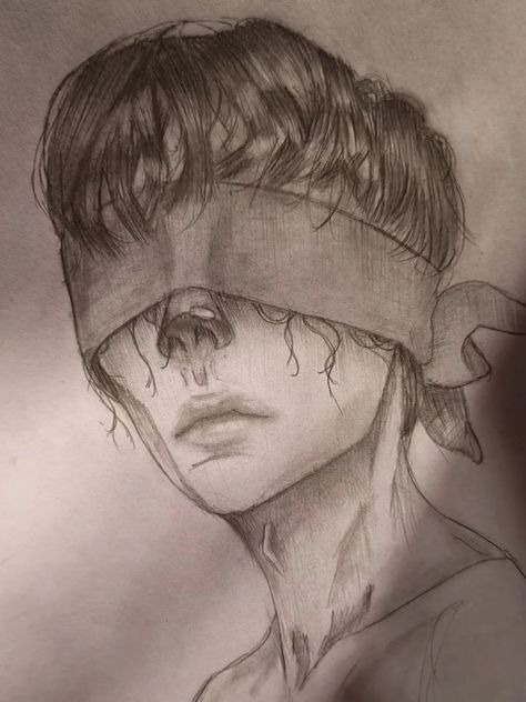 Another art piece that was made by me. It is potrait of a young man who has a blindfold wrapped around his face. Drawing Blindfolded, Blindfolded Man Aesthetic, Blindfold Drawing, See No Evil, Male Art, Face Drawing, Made By Me, Beautiful Art, Art Pieces