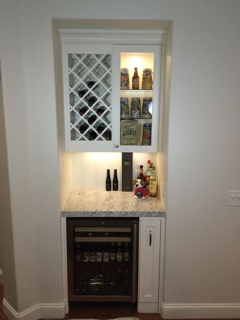 Mini Wine Refrigerator, Mini Bar Nook, Dry Bar Ideas Small Nook, Closet Into Coffee Bar, Wine Station Ideas, Built In Mini Bar, Liquor Closet, Closet Bar Ideas, Small Built In Bar