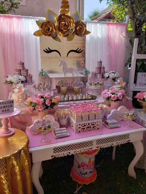 Take a look at the gorgeous dessert table at this magical unicorn birthday party! See more party ideas and share yours at CatchMyParty.com #catchmyparty #partyideas #unicornparty #unicorndesserttable Unicorn Dessert Table Ideas, Unicorn Dessert Table, Buffet Setting, Magical Unicorn Birthday Party, Birthday Hacks, Dior Party, Unicorn Birthday Party Ideas, Unicorn Centerpiece, Unicorn Desserts