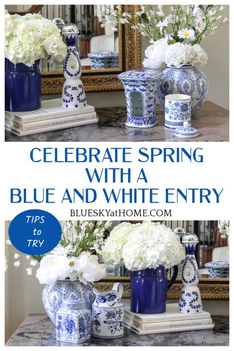 Blue And White Entryway Decor, Blue And White Mantle Decor, Entrance Wallpaper, White Dresser Decor, Decorating With Blue And White Porcelain, Entrance Table Decor, Easter Mantle Decor, White Mantle, Easter Mantle