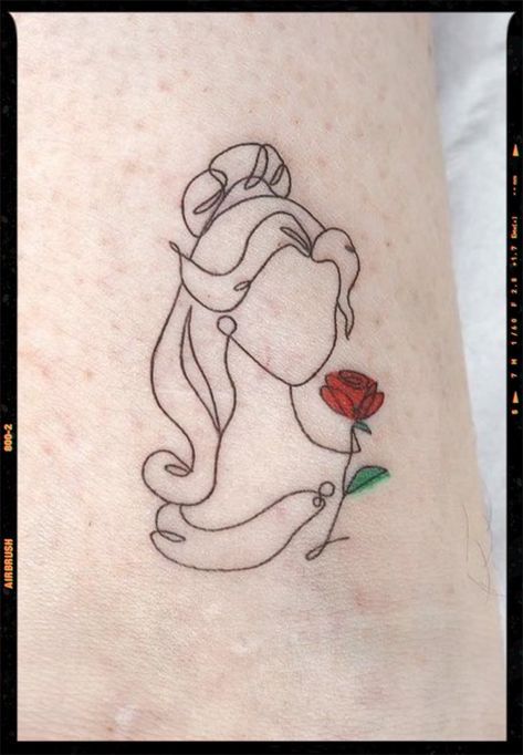 Princess Tattoo Minimalist, Disney Princess Silhouette Tattoo, Fine Line Beauty And The Beast Tattoo, Disney Princess Tattoo Ideas Sleeve, Beauty And The Beast Inspired Tattoos, Belle Rose Tattoo, Belle Tattoo Disney, Disney Fine Line Tattoo, Small Disney Tattoo