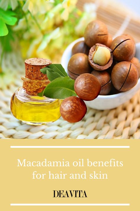 Macadamia oil benefits for hair and skin are quite many. The name of the oil is macadamia ternifolia seed oil. It is obtained by cold pressing the seeds (similar to nuts) of the tree originating from Australia. In cosmetics, this oil is found pure or in nourishing blends for face, body and hair. To enjoy the benefits of the oil, it is advisable to use it pure. Due to its consistency, it is easily absorbed into the skin and hair without leaving a greasy shine and a feeling of heaviness. Macadamia Oil Benefits, Essential Oil Skin Care, Essential Oil Remedy, Macadamia Nut Oil, Organic Remedy, Essential Oils For Skin, Macadamia Nut, All Natural Skin Care, Macadamia Oil