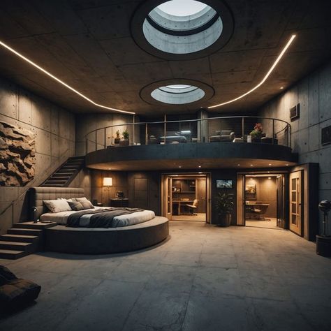 Underground Bunker Bedroom, Bunker Design Underground, Luxury Bunker Interiors, Futuristic Luxury Apartment, Apartment Futuristic, Dystopian Room, Futuristic Bunker, Underground Bunker Luxury, Bunker Ideas Underground