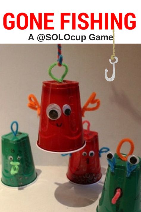 This #DIY Solo Cup game, Gone Fishing, is perfect for keeping your child entertained! Solo Cup Games, Fishing Party Games, Diy Fishing Game, Ocean Games, Fishing Games For Kids, Fishing Theme Birthday, Magnetic Fishing Game, Plastic Party Cups, Cup Games