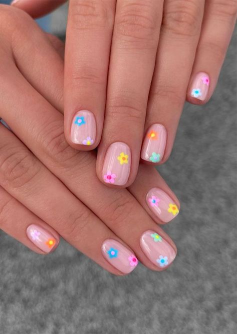 Gel Nails Ideas Short Flower, Colourful Minimalist Nails, Minimalist Flower Nail Art, Small Flower Nail Designs, Tiny Flower Nail Art, Colourful Flower Nails, Small Flower Nail Art, Neon Floral Nails, Small Summer Nails