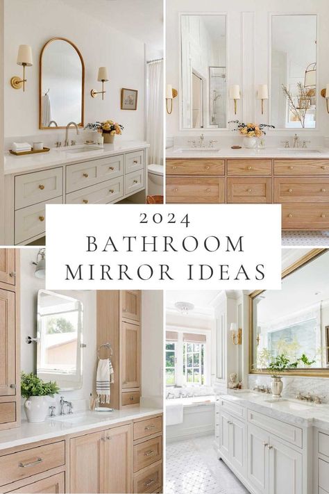 Beautiful bathroom vanity mirror ideas and trends for 2024, with inspiration images, sources, mixed metals, and tips for choosing the perfect bathroom wall mirrors for master bathrooms, powder rooms, and small full bathroom! Bathroom Two Vanity Ideas, Small Bathroom Ideas Mirrors, Bathroom Mirrors High End, Bathroom Light Mirror Ideas, Bathroom Interior Design Vanity, Large Mirror With Sconces, Mirrors Bathroom Vanity, Vanity Bathroom Mirror Ideas, Small Bathroom Mirror Lighting