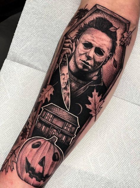 Michael Myers Forearm Tattoo, Michael Mayer Tattoo, Michael Myers Sleeve Tattoo, Michael Myers Tattoo Halloween, Michael Myers Tattoo Stencil, Micheal Myers Tattoo Design, Horror Movie Sleeve Tattoo, Michael Meyers Tattoos, Michael Myers Tattoos