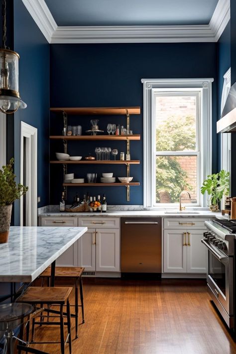 Dark Blue Kitchen - How to Improve Your Kitchen With a Lick of Paint - Melanie Jade Design Dark Blue Kitchen Walls, Navy Kitchen Walls, Blue Kitchen Paint, White Cabinets Kitchen, Dark Painted Walls, Dark Blue Kitchen, Dark Brown Kitchen, Dark Blue Kitchens, Blue Kitchen Walls