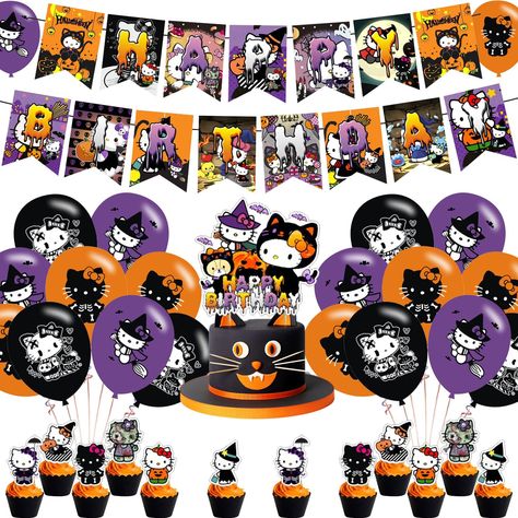 PRICES MAY VARY. All you need: 1 set party decoration include 1 set happy birthday banner, 18pcs Halloween 𝓚𝓲𝓽𝓽𝔂 theme balloons, 1pcs birthday cake topper, 12pcs cupcake topper, 1pcs glue dots. Buy one for an unforgettable Halloween birthday party. Material: You can confidently use this Halloween 𝓗𝓮𝓵𝓵𝓸 𝓚𝓲𝓽𝓽𝔂 theme birthday party decoration. The balloon is made of high-quality latex, with a light taste and no odor after ventilation. It can be stored and reused after use. The cake topper is made of beautiful cardboard, easy to wear, beautiful and durable! Unique Design: The vivid print and vibrant colors of our Halloween 𝓗𝓮𝓵𝓵𝓸 𝓚𝓲𝓽𝓽𝔂 theme party supplies set will create the most celebratory atmosphere for you and your guests. With its stylish design and cute character Halloween Hello Kitty Birthday Party, Halloween Hello Kitty Birthday, Hello Kitty Halloween Party Ideas, Hello Kitty Halloween Birthday Party, Halloween Hello Kitty Cake, Hello Kitty Halloween Decor, Hello Kitty Trunk Or Treat, Hello Kitty Halloween Party, Sanrio Quinceanera