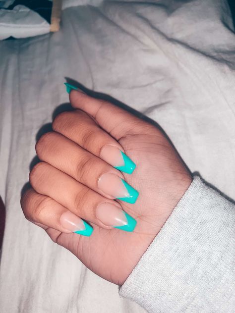 French Tip Turquoise Nails, Teal Nail Inspo Acrylic, Teal Nail Tips, Teal French Tip Nails Turquoise, Turquoise Nails French Tip, Teal Tip Nails, Western French Tip Nails, Teal Prom Nails, Turquoise French Tips