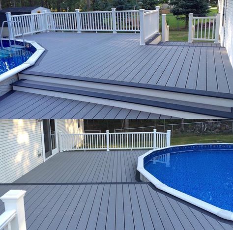 Trex Pebble Grey and Winchester Grey Decking with Trex Transcend Railing Call Renewit Group to schedule your deck today (844) RENEWIT 736-3948 www.renewitdecks.com  @trexcompany #trex #compositedeck #pooldeck #deck #pool #customdecks #michigandeckbuilders #deckbuilder #upnorthmichigan #puremichigan #indianriver #renewitgroup www.renewitdecks.com Composite Deck Around Pool, Above Ground Pool Composite Deck Ideas, Gray Pool Deck, Poolside Ideas, Grey Decking, Trex Transcend Railing, Riverside Pool, Trex Colors, Swim Spa Deck