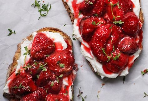 Balsamic Roasted Strawberries, Whipped Ricotta Toast, Roasted Strawberry, Ricotta Toast, Whipped Ricotta, Sour Cream Coffee Cake, Roasted Strawberries, Rustic Bread, Whipped Feta