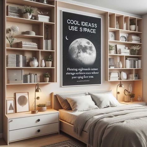 15 Cool Ideas To Use Space Behind The Bed » HomeDecorFull Book Shelves In Bedroom, Bed Against Window, Wall Behind Bed, Bedroom Built Ins, Small Guest Room, Cool Bookshelves, Beauty Room Decor, Bed Shelves, Headboard Wall