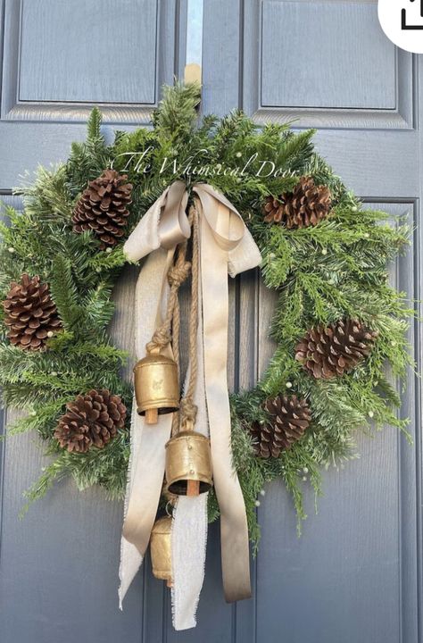 Juniper Wreath, Door Decorations Christmas, Diy Christmas Door Decorations, Bell Wreath, Cedar Wreath, Farmhouse Fall Wreath, Diy Christmas Door, Winter Greens, Winter Greenery