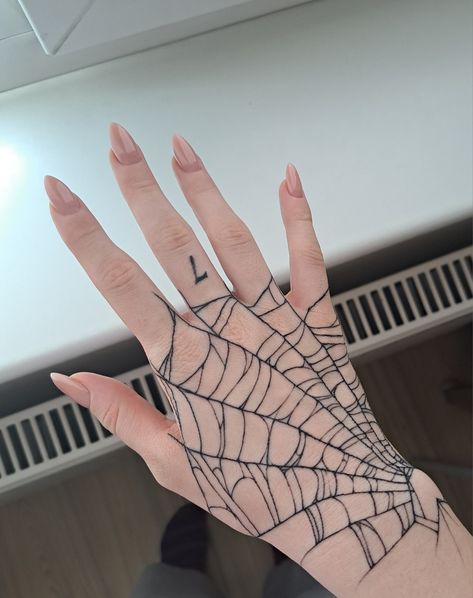 spider web tattoo White Spider Web Tattoo, Behind Ear Spider Web Tattoo, Hand Web Tattoo, Hand Tattoo Spider Web, Hand Tattoos Spiderweb, Spider Web Hand Tattoos For Women, Spider Web Reference, Spider Tattoo Men Neck, Spider Web Arm Tattoo