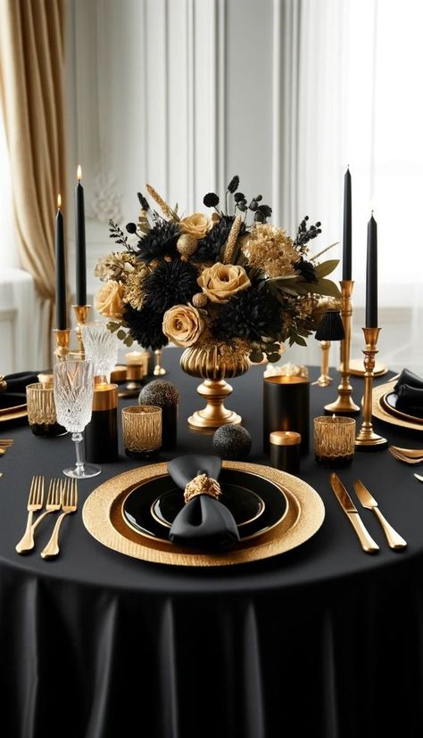 Go green with these 21 eco-friendly table decor ideas. Sustainable and stylish for every occasion! 🌿 --- Elegant black and gold table decor idea with a black tablecloth, gold candlesticks, and a centerpiece of black and gold flowers. The table is adorned with gold-rimmed plates, black napkins, and crystal glasses. The place settings include gold flatware and black napkin rings. Party Table Centrepiece Ideas, Gold And Black Party Centerpieces, Gatsby Table Setting, Black And Gold Centerpieces Wedding, Gold Birthday Table Decorations, Black And Gold Centerpieces Birthday, Black Gold Table Setting, Black And Gold Wedding Centerpieces, Black And Gold Party Ideas