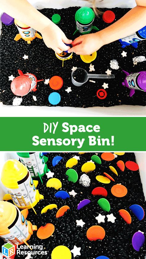 June Sensory Bin, Diy Space Sensory Bin, Space Sensory Bin Preschool, Dry Sensory Bin Ideas, Space Sensory Bin, Space Sensory, Discovery Table, Space Lessons, June Calendar