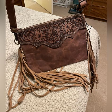 Brand New With Tags - Brown Leather Myra Bag With Fringe Western Look Adjustable Strap Western Bags Purses, Western Bags, Saddle Making, Arm Candies, Western Bag, Canvas Leather Tote, Tooled Leather Purse, Western Purses, Life Styles