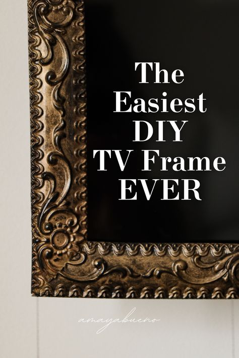 Super easy DIY tv frame for only $30! You don't need any special tools or skills! Gorgeous antique + vintage inspired look for less. Framing Tv On Wall, Frames Around Tv, Frame Around Tv, Diy Tv Frame, Frame Tv Gallery Wall, Living Room Tv Wall Decor, Decorating Around A Tv, Gold Frame Gallery Wall, Picture Frame Tv