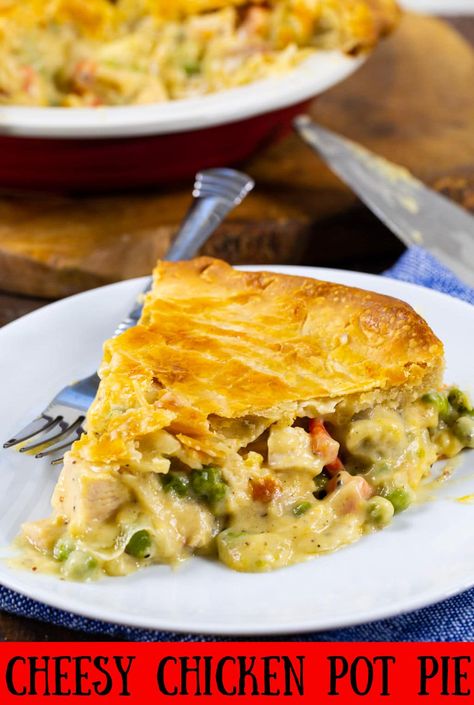 Cheesy Chicken Pot Pie Cheesy Chicken Pot Pie, Flaky Pie Crust Recipe, Spicy Southern Kitchen, Thanksgiving Turkey Leftovers, Meat Pies, Southern Kitchen, Savory Food, Flaky Pie Crust, Pot Pies Recipes