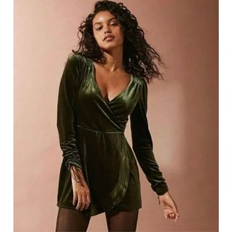 Urban Outfitters Green Velvet Wrap Style Romper S Good Condition Royal Blue Romper, Hoodie Romper, Mesh Romper, Urban Outfitters Romper, Plaid Jumpsuit, Satin Romper, Velvet Romper, Urban Outfitters Women, Urban Outfitters Pants