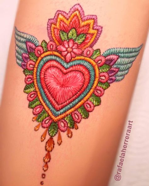 Mexican Mom Tattoo, Embroidery Heart Tattoo, Mexican Design Tattoo, Mexico Flower Tattoo, Mexican Bird Tattoo, Traditional Mexican Tattoo For Women, Feminine Mexican Tattoos, Embroidery Tattoos For Women, Embroidery Style Tattoo