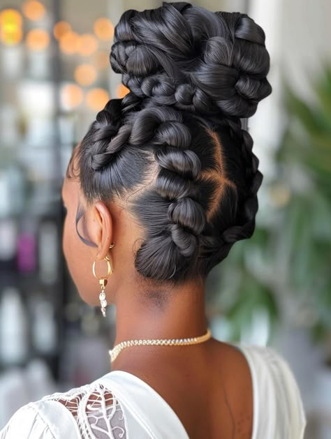 Stylish Braided Bun Hairstyles: From Knotless to French and Cute Kids' Style Fat Braids Hairstyles, Braided Bun For Black Women, Bun Black Hair, Braided Bun Black Hair, Black Hair Bun Styles, Braids Scalp, Bun Hairstyles For Black Women, Updo Cabello Natural, Braids Updo Hairstyles