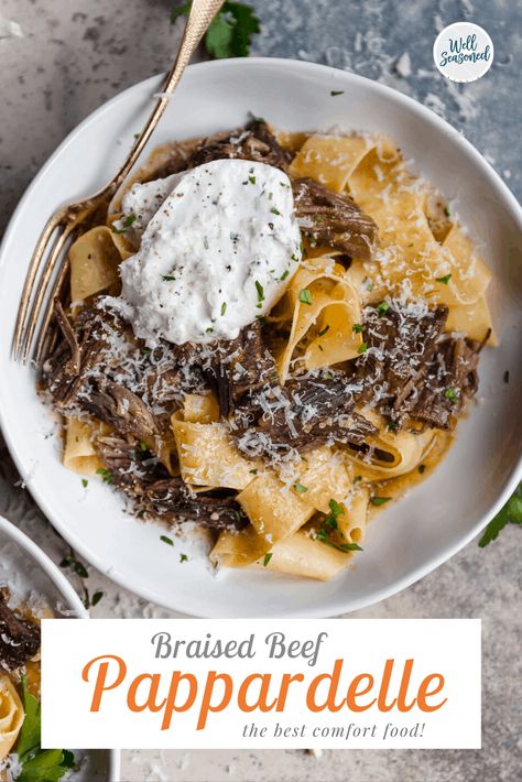 braised beef pappardelle with burrata! the most comforting fall pasta! #wellseasoned #VIETRI #pasta #fallpasta #pappardelle #braisedbeef #beefpasta #shortribs #shortrib #shortribpasta #shortribpappardelle #burrata #photography #pastaphotography #styling #foodstyling #pastastyling #foodphotography #burrataphotography #freshpasta #slowcooked #slowcookedribs #slowcookedbeef #slowcookedbeefribs Beef Pappardelle, Winter Pasta, Beef Pasta, Braised Short Ribs, Braised Beef, Beef Ribs, Short Ribs, How To Cook Pasta, Pasta Dishes