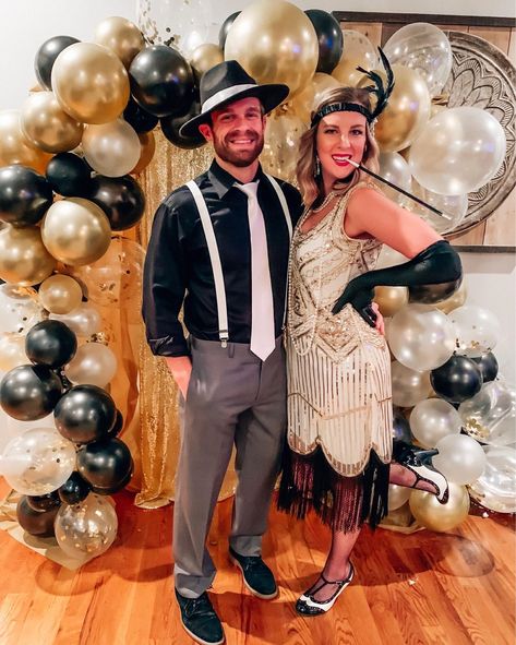 Gatsby Birthday Party Outfit, The Great Gatsby Theme Party Outfits, Gatsby Costume Couple, Great Gatsby Party Outfit Couple, 20s Costume Couple, Flapper Couple Costume Roaring 20s, Gatsby Diy Costume, Roaring 20s Couple Costume, Gatsby Couple Costume