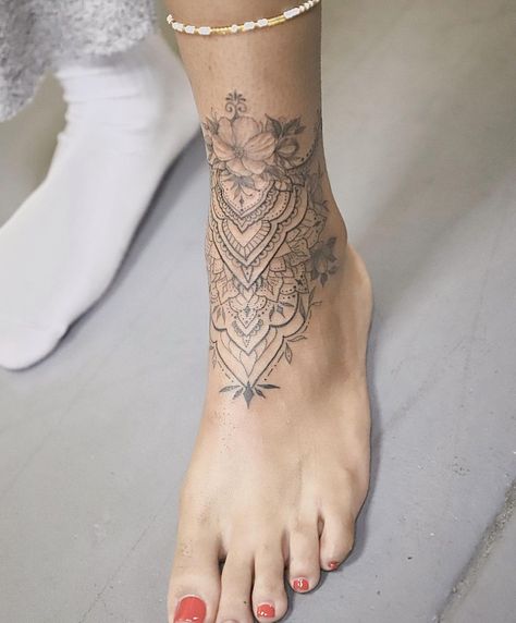 Calf Tattoo Ideas Female, Ankle Shin Tattoos For Women, Lotus Foot Tattoos For Women, Boho Foot Tattoo, Women’s Foot Tattoos, Mandala Ankle Tattoo Wrap Around, Top Foot Tattoos For Women, Large Ankle Tattoos For Women, Top Of The Foot Tattoos