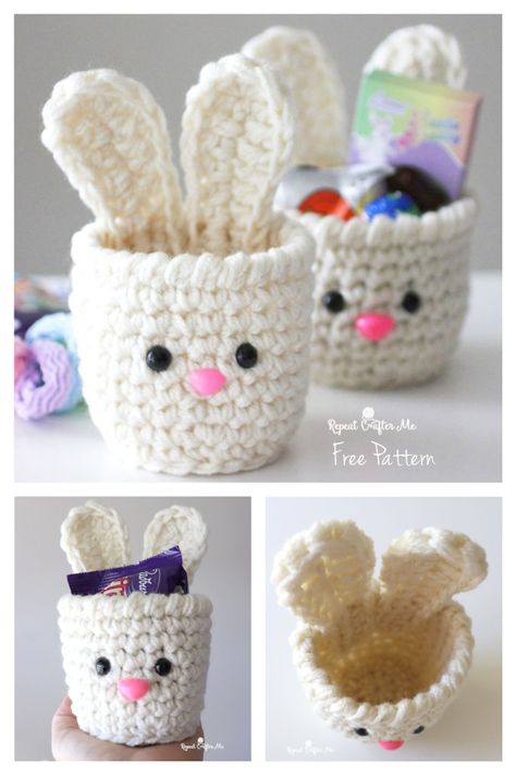 10 Mini Easter Basket Free Crochet Patterns - DIY Magazine Easter Crochet Ideas Simple, Crochet Toast, Crochet Camper, Koala Applique, Easter Bunny Basket Crochet, Snowball Wreath, Sun Wreath, Crochet Soccer, Shark Applique