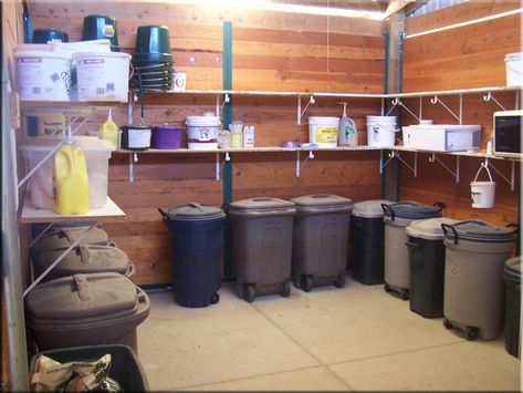 Feed room: Rolling trash cans...1. getting stuff (grain) out of the bottom of them  2. rodents can eat through plastic    3. wheels are a great idea Saddle Shed Ideas, Feed Room Organization, Feed Room Ideas Barn, Horse Feed Storage, Horse Feed Room, Show Cattle Barn, Barn Organization, Feed Room, Horse Tack Rooms