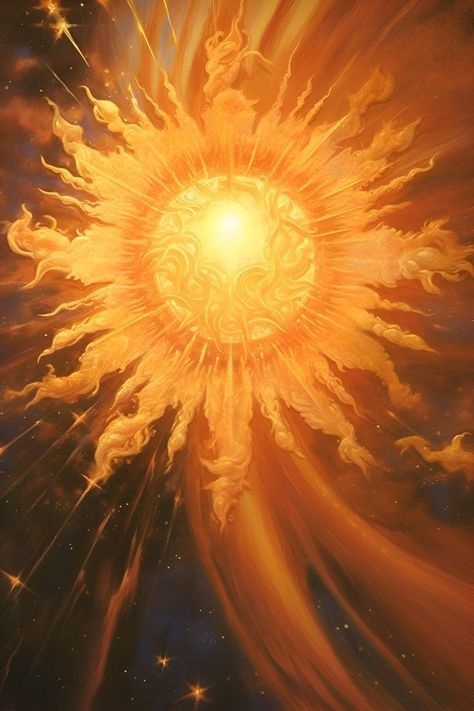 Apollo Aesthetic, Earth's Atmosphere, Personaje Fantasy, Sun Aesthetic, Nebulas, Art Fractal, Gold Aesthetic, Sun Art, Yellow Aesthetic