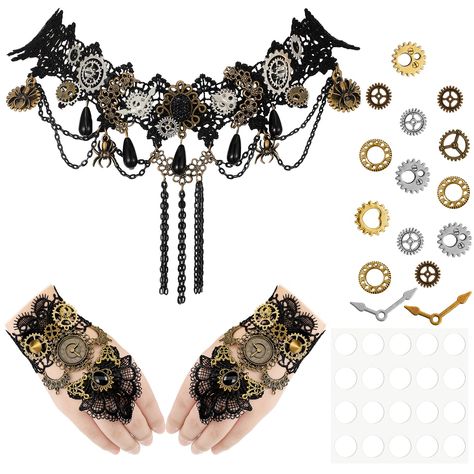 PRICES MAY VARY. Rich combination: you will get 1 piece of gothic steampunk gear choker necklace, 1 pair (2 pieces) of steampunk bracelets, 15 pieces of steampunk gear eye decals, and 1 sheet (20 pieces) of glue points, enough and convenient for your daily use Material and size: the punk choker necklace, bracelet and makeup decals are mainly made of lace, rhinestone and alloy, and the glue points are made of rubber; The lace choker necklace is about 13.4 inches long and 6.7 inches wide, the goth Steampunk Bracelets, Steampunk Choker, Punk Choker, Steampunk Bracelet, Makeup Stickers, Gothic Bracelet, Lace Choker Necklace, Lace Bracelet, Steampunk Gears