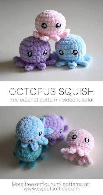 Octopus Squish Crochet, Crochet Baby Octopus Pattern Free, Fluffy Crochet Animals Free Pattern, Free Octopus Crochet Pattern, Crochet Chunky Amigurumi, Amigurumi Octopus Free Pattern, Octopus Haken, Crochet Small Animals, Square Amigurumi