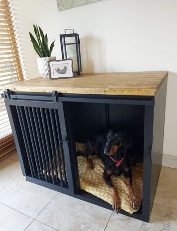 Unique Dog Crates, Homemade Dog Crates, Indoor Dog Crate Furniture, Dog Room Divider, Wooden Dog Projects, Creative Dog Crate Ideas, Pets Home Ideas, Dog Creates Furniture, Dog Crate Furniture Large