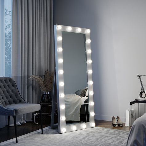 Check out our Hollywood standing mirrors. #hollywood #mirror #modern #design #moderninterior Hollywood Mirror Long, Long Standing Mirror, Mirror Modern Design, Standing Mirrors, Tall Mirror, Hollywood Mirror, Makeover Bedroom, Closet Decor, Mirror Lamp