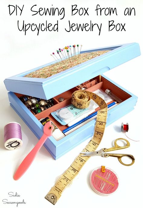 Find a mens valet box or mens jewelry box at the thrift store? Upcycle it into a perfect little sewing box or sewing kit box to store all your sewing supplies and sewing notions- and if it has an upholstered top, you can use it as a built in pin cushion! How great is that? Get all the repurposing and upcycling ideas and details from Sadie Seasongoods at www.sadieseasongoods.com . #sewingkit #sewingbox #sewingsupplies #organization #organize #organizer #storage #craftroomorganization #craftroom Sewing Kit Organizer, Sewing Kit Tutorial, Sewing Kit Box, Diy Pin Cushion, Mens Valet, Thrift Store Upcycle, Mens Jewelry Box, Sewing Case, Sewing Room Organization