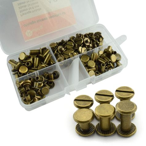 PRICES MAY VARY. Pack of 90 sets Slotted Flat Head Stud Chicago Screw Assorted Kit, diameter 3/16" (5mm), 3 kind of length 1/4" (6mm), 3/8" (10mm), 1/2" (12mm). Made of high quality metal, advanced nickel plated, anti rust, effectively enhance the capability of corrosion resistance and the decoration effect. Strong metal texture, perfect decoration effect, high hardness, easy to binding, good tightness. Easy to install and remove, can be used repeatedly. The scope of application is wide.Especial Screw Posts, Leather Decoration, Chicago Screws, Post Metal, Craft Packaging, Leather Decor, Metal Texture, Metal Accessories, Flat Head