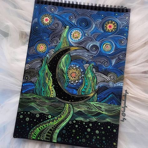 colourful doodle drawing Repetition Art, Gel Pen Drawings, Scratch Paper Art, Gel Pen Art, Nature Art Drawings, Black Paper Drawing, Mandala Art Therapy, Scratch Art, The Starry Night