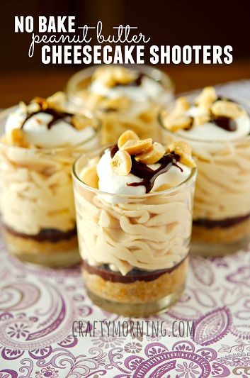 no bake peanut butter cheesecake recipe Desserts Shooters, Shooter Desserts, No Bake Peanut Butter Cheesecake, Cup Desserts, Dessert Shooters Recipes, Peanut Butter Cheesecake Recipes, Cheesecake Shooters, Shot Glass Desserts, Shooter Recipes