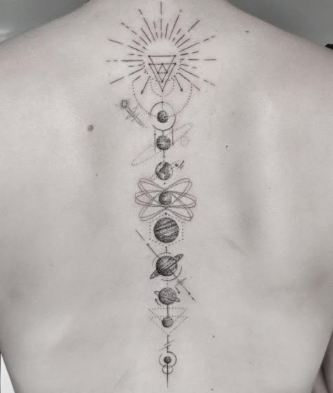 Universe Spine Tattoo, Spine Tattoos Space, Planets Aligned Tattoo, Solar System Back Tattoo, Planets Spine Tattoo, Space Spine Tattoo, Solar System Spine Tattoo, Celestial Spine Tattoo, Solar System Tattoos