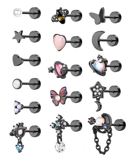 PRICES MAY VARY. 【Economical Cartilage Earrings Set】:You can get 16pcs stainless steel cartilage piercing jewelry for women with one order,including opal heart tragus earrings,dangle CZ moon tragus piercing jewelry,butterfly screw back earrings,etc.There's enough different styles to match any outfit or costume you are wearing. 【Multiple Piercing Type】:Flat back earrings contain two gauge types:20G(0.8mm) and 16G(1.2mm), screwback diameter:5mm,bar length:5mm.Different gauge types give you more we Ear Peircings, Daith Piercing Jewelry, Tragus Piercing Jewelry, Earrings Cartilage, Jewelry Butterfly, Cartilage Piercings, Tragus Stud, Tragus Conch, Butterfly Heart