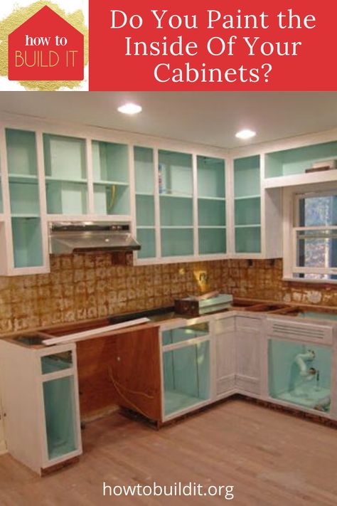 Many people think that painting their cabinets means only paint the outside, but painting the inside can make a huge difference. Brighten things up with a fresh coat of paint. Maybe use a different color inside that pops. Read this post to learn how you can prep and paint the inside of your cabinets #Painttutorial #paintcabinets #kitchenmakeover #howtobuilditblog Cabinet Inside Makeover, Color Inside Cabinets, Updating Inside Of Kitchen Cabinets, Update Inside Kitchen Cabinets, Painting Vintage Kitchen Cabinets, Paint Inside Cabinets Kitchen, Painted Inside Kitchen Cabinets, Painting The Inside Of Kitchen Cabinets, Painted Inside Cabinets