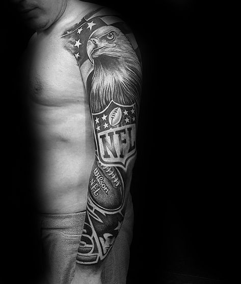 Full Arm Sleeve Sports Themed Tattoo Ideas For Males Sports Sleeve Tattoo For Men, Sports Sleeve Tattoo, Football Sleeve Tattoo, Football Tattoo Ideas For Men Arm, American Football Tattoo Ideas For Men, Sport Tattoos For Men, Sports Tattoos For Men Ideas, Athlete Tattoos, American Football Tattoo