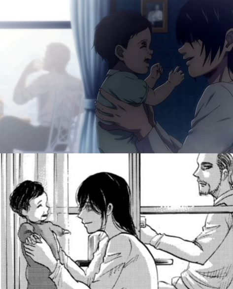 Shingeki no Kyojin Manga Panel - Attack on Titan Season 4 Anime Comparison. Jean's Dream ~ Mikasa holding her's and Jean's Baby ~ Jeankasa. Attack On Titan Season 4, Manga Vs Anime, Attack On Titan Jean, Jean Kirschtein, Anime Funny Moments, Attack On Titan Funny, Attack On Titan Season, Mikasa Ackerman, Holding Baby