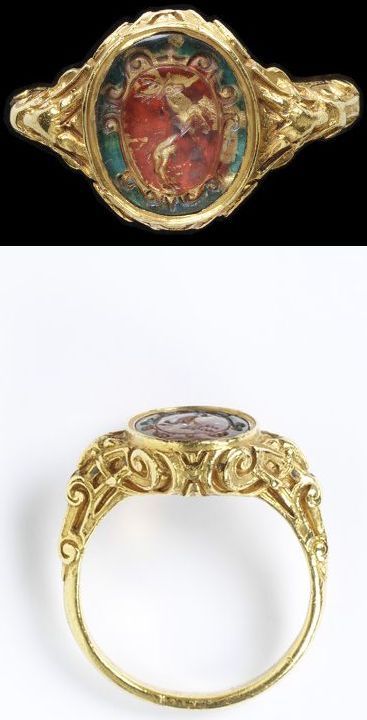 Gold signet ring, formerly enamelled, the oval bezel set with a rock crystal intaglio, reverse painted and gilded, engraved with a coat of arms bordered by scrollwork. Possibly Germany, 1550-75. Man Rings, Baroque Jewelry, Ancient Jewels, Medieval Rings, Ancient Jewellery, Historical Jewellery, Medieval Jewelry, Reverse Painted, Gold Signet Ring