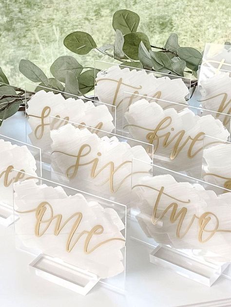 Simple Table Numbers Diy, Crystal Table Numbers, Pearl Wedding Table Numbers, White And Gold Table Numbers, Table Numbers Acrylic Wedding, Glass Table Numbers Wedding, Bridal Shower Table Numbers, Tables Numbers Wedding, Calligraphy Wedding Signs