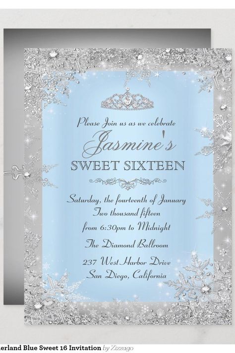 Silver Winter Wonderland Blue Sweet 16 Invitation Winter Wonderland Sweet 16 Invitations, Sweet 16 Party Ideas Winter Wonderland, Winter Wonderland Invitations Templates, Blue Sweet 16 Invitations, Winter Wonderland Quinceanera Theme, Winter Wonderland Sweet 16, Winter Wonderland Quinceanera, Sweet 16 Winter Wonderland, Sweet 16 Winter